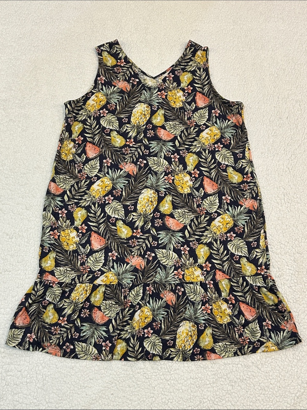 J. Jill Flounced Hem Double V-Neck Knit Dress in Tropical Fruit Print size XL